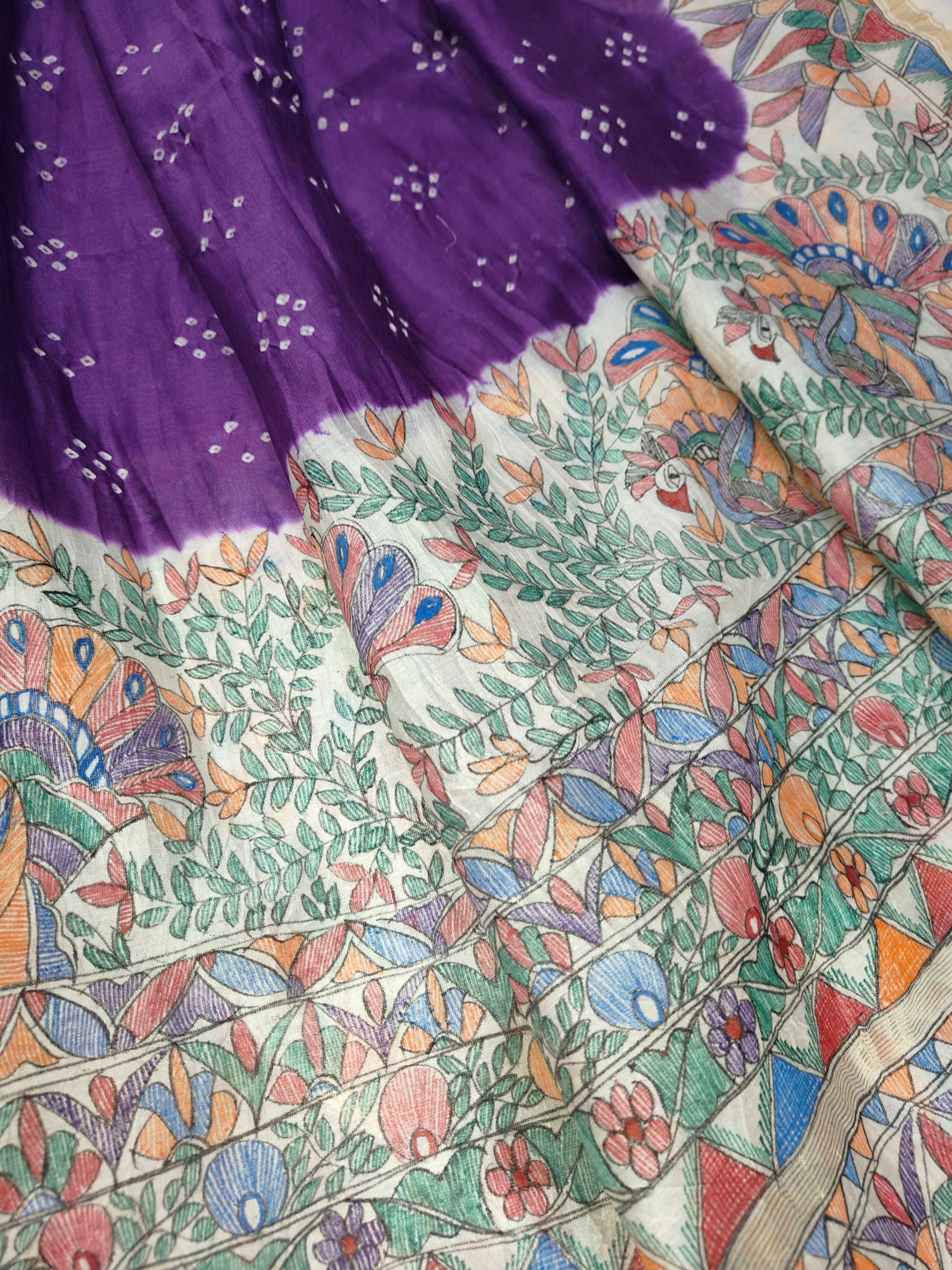 Hand-painted Madhubani with Bandhani - Unstitched Suit Set on Chanderi - Purple